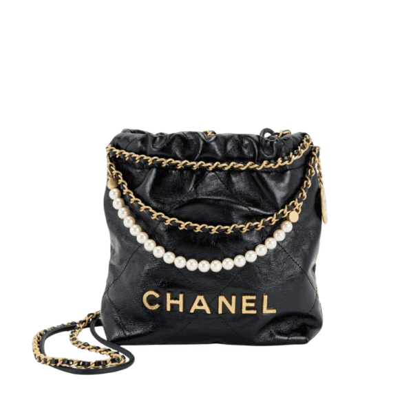 Chanel 22 Mini Shiny Crumpled Leather Handbag Pearl Black