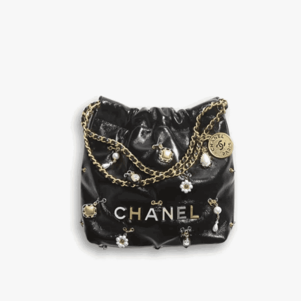Chanel 22 Mini Shiny Leather Handbag with Decorative Charms Black