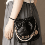 Chanel 22 Mini Shiny Crumpled Leather Handbag Pearl Black - Image 4