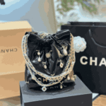Chanel 22 Mini Shiny Leather Handbag with Decorative Charms Black - Image 3