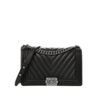 Chanel Boy Chevron Medium Handbag Black with Silver Hardware